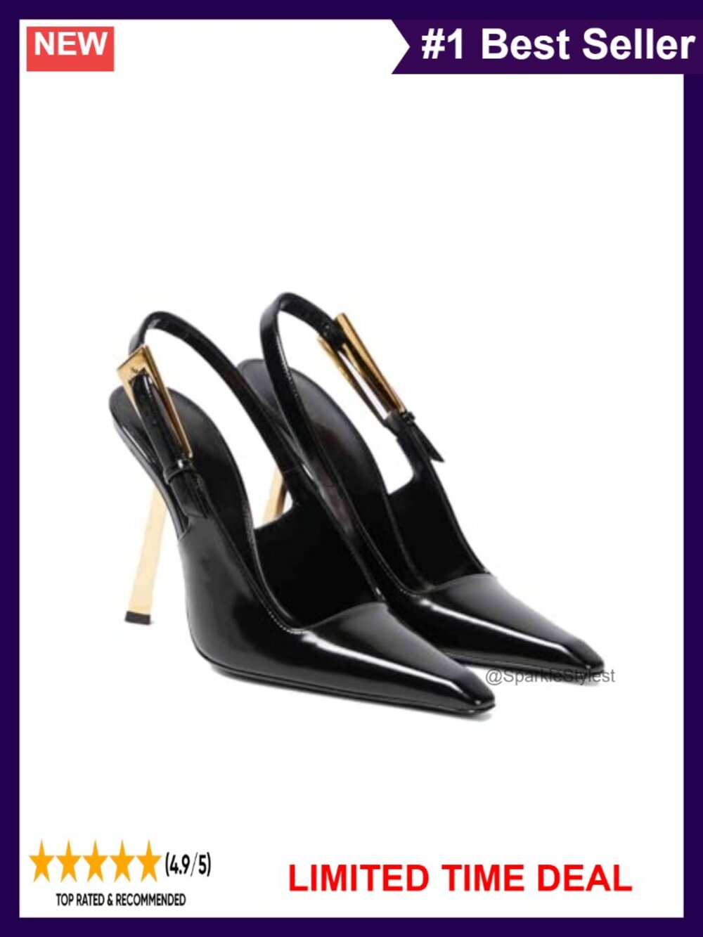 Slingback Stiletto Heels Square Toe Patent Leather Metal Buckle Pumps